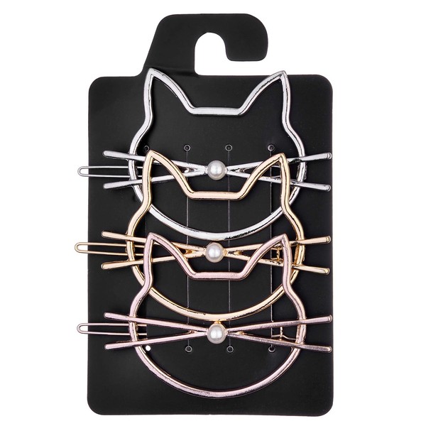 Lux Accessories Silver Gold Rose Gold Kitty Cat White Pearl Hair Clips Set of 3
