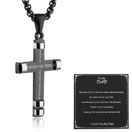 HZMAN Philippians 4:13 - Collar de acero inoxidable con colgante de cruz de fuerza y versículo bíblico, 3 colores disponibles, Acero inoxidable, Sin piedra preciosa