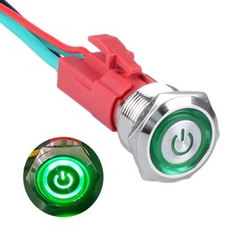 DMWD 19mm Heavy Duty Latching Metal Push Button Switch Waterproof 20Amp 12V-24V ON-Off 1NO 4 Pins with Pre-Wired Socket for 3/4" Mounting Hole with Power Symbol (Silver Shell Green LED)