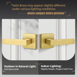Gaurqiah Brushed Gold Door Handles, Heavy Duty No Lock Passage Door Lever, Reversible Square Door Handle Without Lock for Hallway Closet Doors, Satin Brass