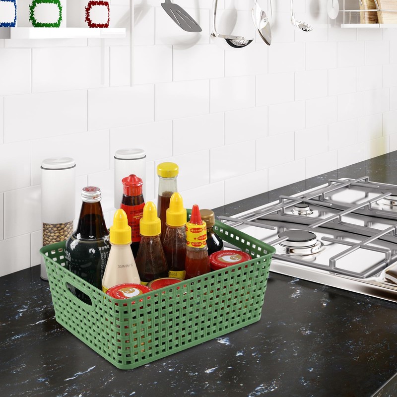 Rinboat Medium Plastic Baskets for Organizing, Plastic Woven Storage Basket,