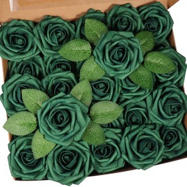 Jdsour 50pcs Artificial Flower，Real Touch Foam Roses w/Stem DIY for Wedding Bouquet Centerpieces Party Shower Home Decor-Green boxpack