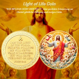 Christian Commemorative Coin 40mm - "Light of Life" with Jesus and Angels - Bible Verse John 8:12 - Zinc Alloy Gold Faith Coin - Christian Gift
