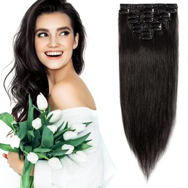 Elailite Clip in Human Hair Hair Extensions Real Natural Hair Remy - 8 Pcs (Thin Weft) Full Head Straight - #1B Natural Black - 20 Inch (70 g)