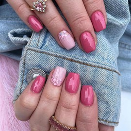 Puyokinm Press-on Nails, 24Pcs Hot Pink Square, Full Glossy Acrylic False Nails for Women and Girls Manicure, Short, Reusable