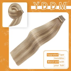 YDDM Balayage Gold Brown Mixed Dark Blonde Tape in Hair Extensions Human Hair 16 Inch 20pcs 100% Remy Human Hair Straight Seamless Invisible Tape in Hair Extensions(10/10/22#, 16 Inch)