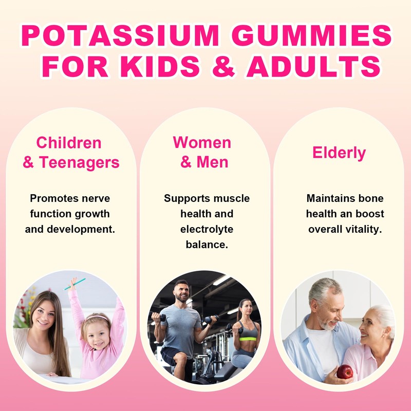 Potassium Gummies, Potassium Chloride Gummies 1200mg for Adults, Sugar-Free Potassium