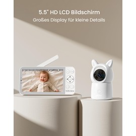 CZEview 5.5 Inch 2K Baby Monitor with Camera, HD Night Vision, Music and Colourful Night Light, 360° Video Baby Monitor with App, 4x Zoom, Motion & Noise & Temperature Detection, 2-Way Talk (1 Camera