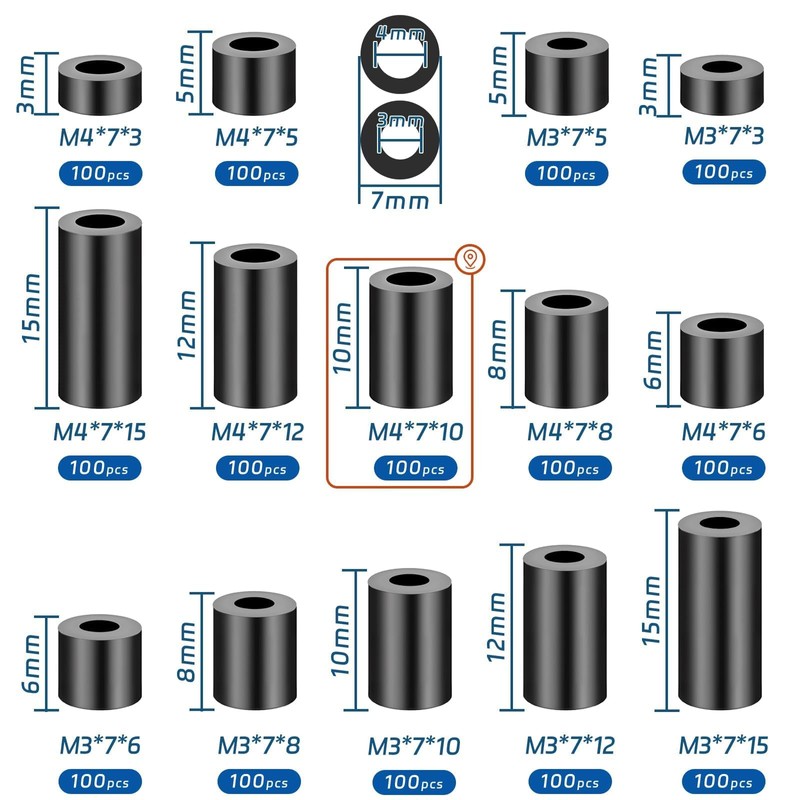 SWTYExt Pack of 100 Round Spacers ABS Nylon Washers M4-7