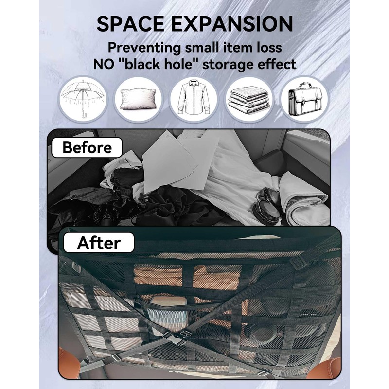 Car Ceiling Cargo Net with 2 Pockets - 35.4"x25.6" Cross-Strap