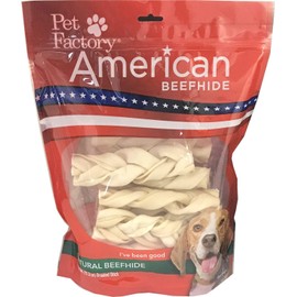 Pet Factory American Beefhide Chews 28219 Rawhide Natural Flavor 6" Braided Stick for Dogs. American Beefhide is a Great Source for Protein and Assists in Dental Health. 14 Pack, Resealable Package