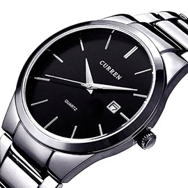 CURREN Reloj de Pulsera para Hombre, Análogo, Diseño Elegante, Formal, Moderno, con Calendario, de Acero Inoxidable, Tamaño Ajustable y Broche de Mariposa (plateado)