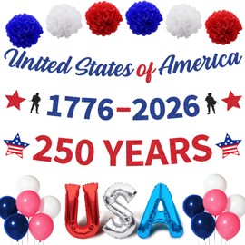 Papiailove 250th Anniversary American Party Decorations Set - 1776-2026 Independence Day Supplies with Glitter Banner, Balloons & Paper Flowers for Patriotic Home Yard Decor