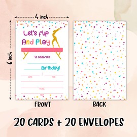ltazhyi Gymnastics Birthday Party Invitation Card for Kid, Gold Foil Birthday Invitations for Girls, 20 Invitation Cards with Envelopes Flip and Play Theme Celebration Party Supplies for Teen - 27