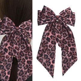 Pink Leopard Hair Bow Clip for Women Big Large Hair Bow Clips for Girls Womens Leopard Print Hair Bow Clips with Long Tail Hair Bow Clip Barrettes for Women Cosplay Hair Accessories for Women Girls