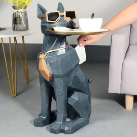 homary Modern Resin Dog Sculpture Geometric Standing Statue Cute Side Table Tray End Table with Tissue Storage (Blue)