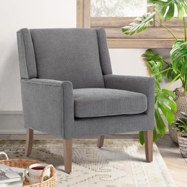 COLAMY Modern Wingback Living Room Chair, Upholstered Fabric Accent Armchair, Single Sofa Chair with Lounge Seat and Wood Legs for Bedroom/Office/Reading Spaces, Gery