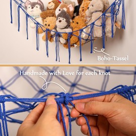 YKBU Stuffed Animals Hammock Corner Hanging Net for Macrame Stuffed Animal Storage Plush Toy Holder Toy Organizer for Boho Nursery Playroom Bedroom Kids Room Decor (blue, Large)