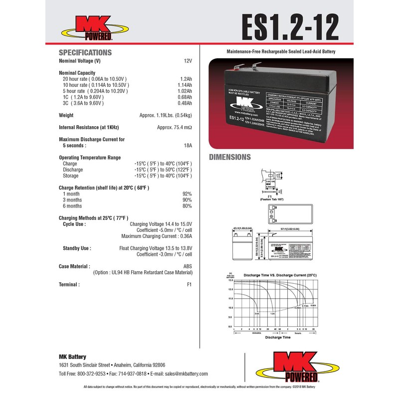 MK Battery ES1.2-12 Maintenance-Free Rechargeable Sealed Lead-Acid Battery
