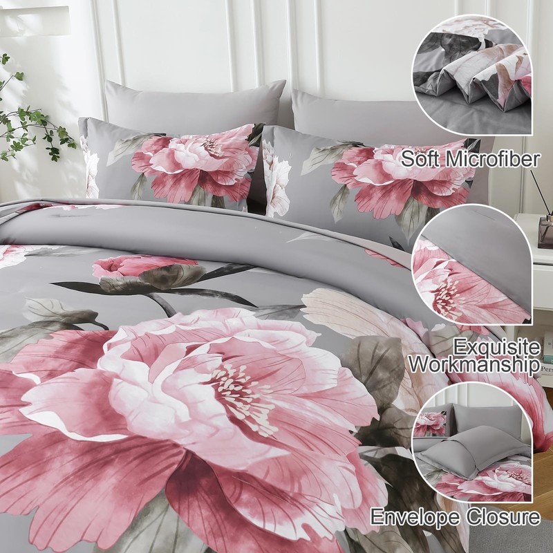 Dobuyly Pink and Grey Comforter Set Queen Size 7 Piece