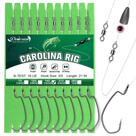 Dovesun 10PCS Ready Tied Carolina Rig Kit for Bass Fishing Free Rig Catfish Rig Fishing Rigs Kit with Bass Hooks Swivel Fluorocarbon Fishing Line Fishing Weights 1/2 OZ