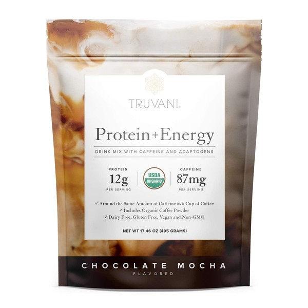 Truvani Protein + Energy Drink Mix Chocolate Mocha 20 Servings USDA Certified Or