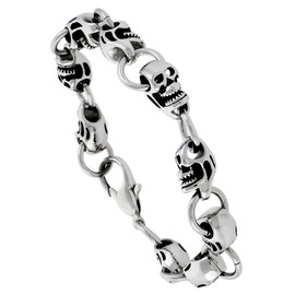 Sabrina Silver Stainless Steel Skull Bracelet for Men, 9 inch Long
