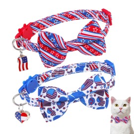 DILLYBUD American Flag Cat Collar with Bell Bow Tie Star Breakaway for 4th of July Independence Day, Adjustable Safety Kitten Collars with Removable Bowtie & Charm for Boys Girls Male Female Cats