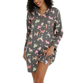 ENJOYNIGHT Women's Flannel Nightdress Long Sleeve Nightshirt Button Down Nightgown Soft Sleepwear Loungewear S-XXL (X-Large,Grey Dog)