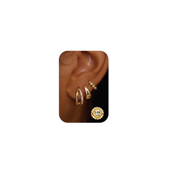 CASSIECA 3 Pairs Gold Hoop Earrings for Women 14K Gold