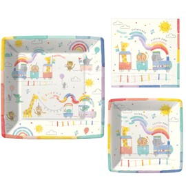 Design Design All Aboard Baby Shower Party Supplies - Includes Paper Dinner Plates Dessert Plates and Lunch Napkins for 8 People - Animal Themed Choo Choo Train Party Tableware Bundle
