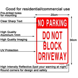 No Parking Do Not Bolck Driveway Sign,20 x 30 cm,Reflective Aluminum,UV Printed,Weather Resistant,Waterproof,Durable Ink,Easy to Mount,Indoor Or Outdoor Use,2 Pack