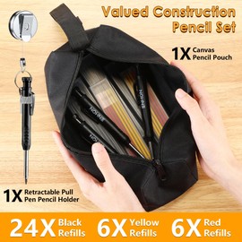 3 Pcs Carpenter Pencils with Retractable Holder, Mechanical Pencils Set with 36 Refills, Deep Hole Marker Construction Pencil with Built in Sharpener and Portable Pencil Bag for Architect Woodworking