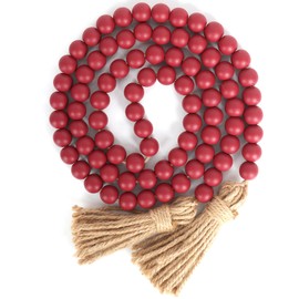 58in Wood Bead Garland with Tassels, Farmhouse Rustic Country Decor Prayer Boho Wall Hanging Decoration (Burgundy)