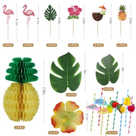 Howaf 111-Piece Tropical Party Decoration Set, Tropical Palm Monstera Leaves and Hibiscus Flowers, Straws, Pineapple, Cupcake Toppers for Hawaii Luau Theme Parties and Table Decoration