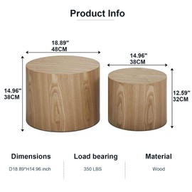Vanress Nesting Coffee Table Set of 2 Round Side Table End Table for Living Room, Wood Circle Drum Coffee Table Contemporary Living Room End Table for Small Space Living Room (Wood Color)