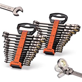 KARRYTON 26-Piece Flex head Ratcheting Wrench Set (Metric & SAE), 72 Teeth Combination Wrench Set w/Organizer Rack,Cr-V Steel,6-19mm(13PCS)&1/4-7/8"(13PCS),Black Nickel Handle with Golden Ratchet