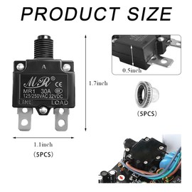 DXNQ 5 PCS Thermal Circuit Breaker, 125/250V AC 32V DC Circuit Breaker with Manual Reset Push Button, Overload Protector Switch with Waterproof Cover for Car, Car Accessories