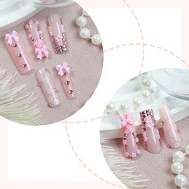 RUOKEXIN Long Press on Nails French Tip Fake Nails Pink False Nails with Bow Designs Square Nail Press ons Long Glue on Nails Sparkly Artificial Nails Cute Stick on Nails for Women 24Pcs