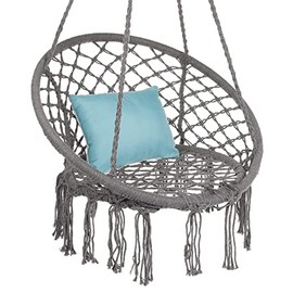 Handwoven Cotton Macrame Hammock Hanging Chair Swing for Indoor & Outdoor Use with Backrest (Gray)