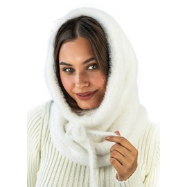 niceacsrise White Balaclava Hood Scarf Women - Winter Hood Hat Scarf Combo - Face Cover - Knitted Hooded Scarf