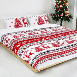 3Pieces Christmas Duvet Cover Queen Set, Red Reindeer Duvet Cover, Christmas Theme Soft Microfiber Duvet Cover with 2Pillowcase, Bedding Queen Size