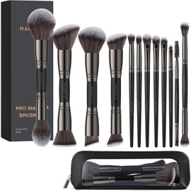 12 Pcs Brochas para Maquillaje de Doble Función y Multifunción para Base, Polvos, Rubor, Delineador y Sombras, con Estuche y Caja de Regalo (Negro)
