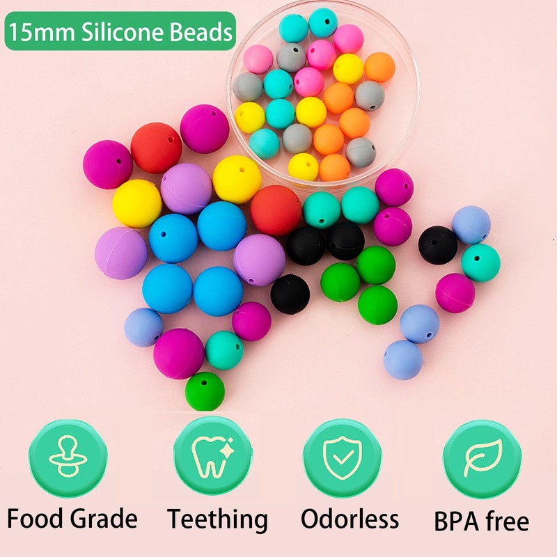 Generic 15mm Round Silicone Beads, 200 Mixed Color Pcs for