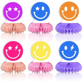 ZPMC 6pcs Smile Face Birthday Decorations ,Preppy Smile Face Honeycomb Centerpieces , Happy Pastel Birthday Party Supplies for Colorful Rainbow Birthday (Back to School)