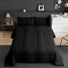 Black Leopard Print Comforter Set Queen Size,Wild Cheetah Fur Print Bedding Set for Kids Girls Women Men Room Decor,Grey Black Gradient Quilt Set Romantic Fashion Duvet Insert,2 Pillowcases