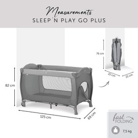 Hauck Sleep N Play Go Plus Portable Travel Crib - Compact, Mobile Folding Bed, with Wheels, Foldable Mattress, and Storage Bag - Grey