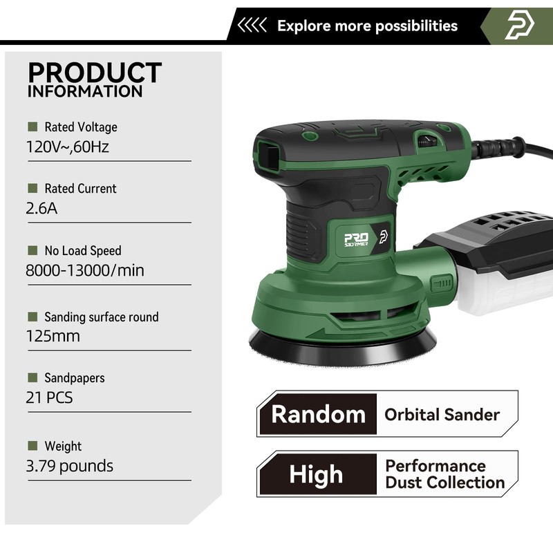 Prostormer 5-Inch Random Orbital Sander with 21PCS Sandpapers, 8000-13000RPM, 2.6AMP