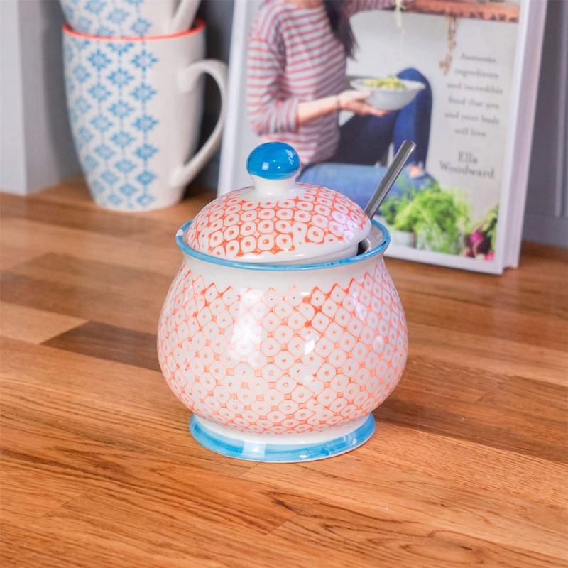Patterned Milk Jug 300ml & Sugar Pot/Bowl Set - Orange/Blue