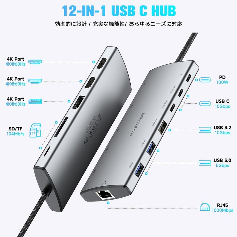 USB-C Hub Docking Station with 3 Screen Output, RSHTECH 12-in-1